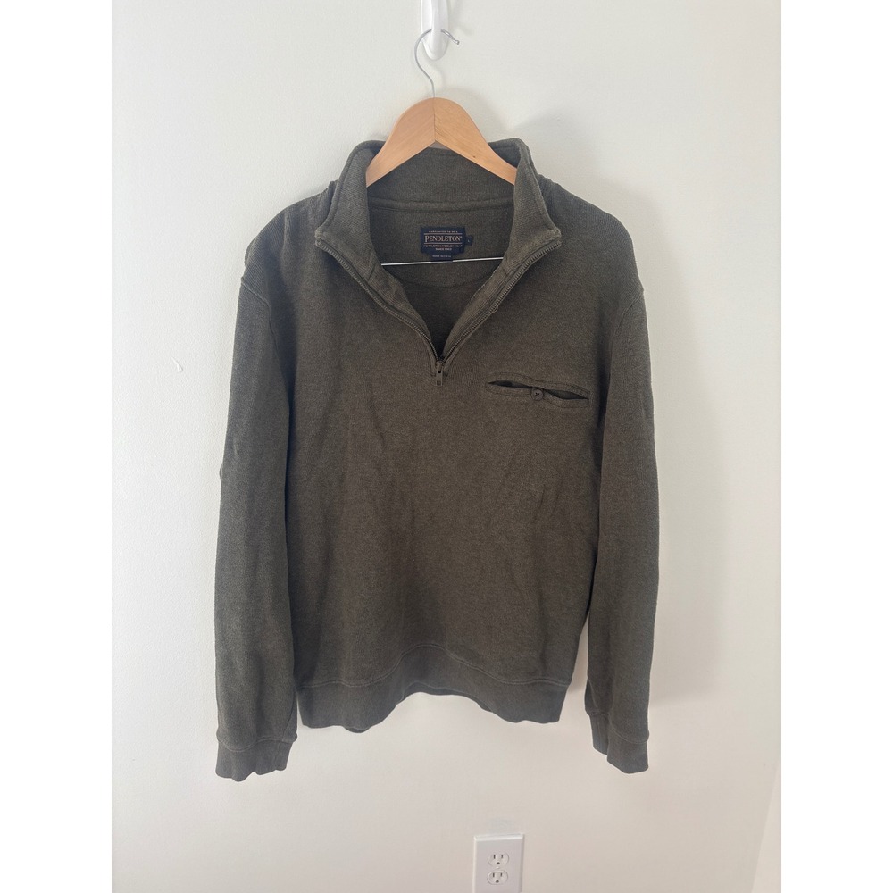 Pendleton Mens Olive Green 100% Cotton Ribbed Quarter Zip Pullover Sweater Large